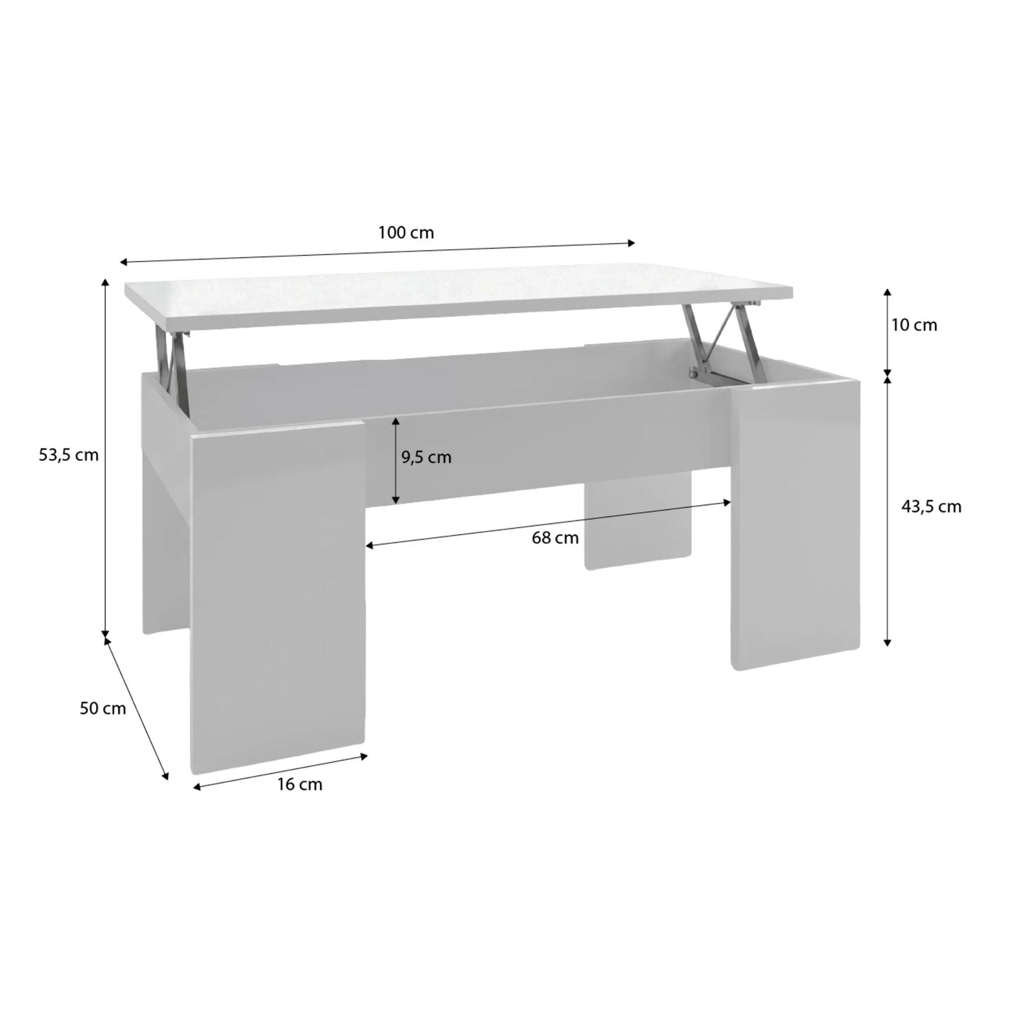 Mesa de centro elevable con almacenaje en blanco artick 100x45-56 cm Vita Blanco Artik (Blanco Mate)