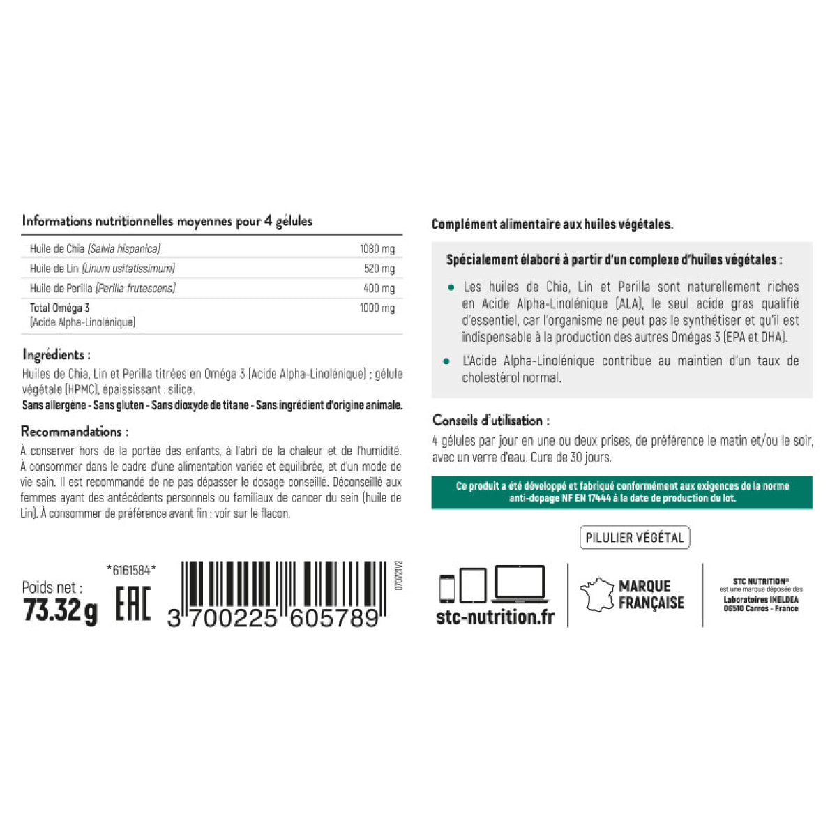 - Omega 3 VEGETAL - Complément alimentaire aux huiles végétales de Lin, Chia & Perilla - Source d'acides gras essentiels 100% végétale - Maintien fonction cardio-vasculaires - Lot de 3