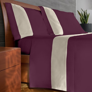 Completo letto bordo RASO IPERSAN Puro Cotone Panna fondo Prugna
