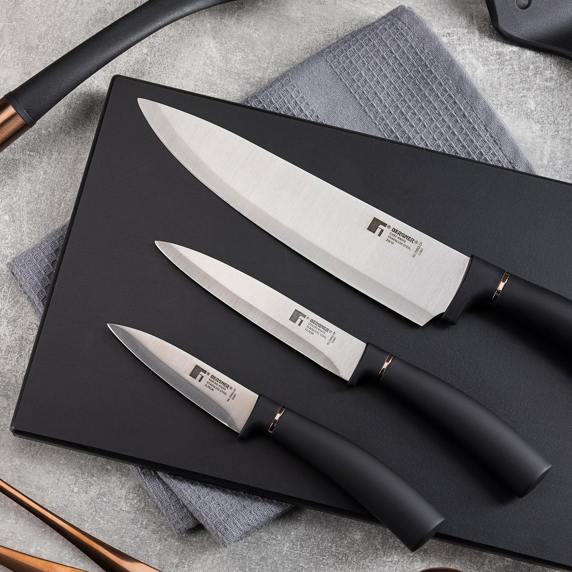 set de 3 cuchillos: chef 20cm + multiusos 12,5cm + pelador 8,75cm - en acero inoxidable de color negro y cobre