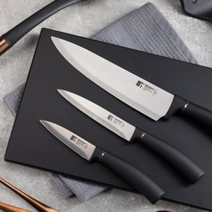 set de 3 cuchillos: chef 20cm + multiusos 12,5cm + pelador 8,75cm - en acero inoxidable de color negro y cobre
