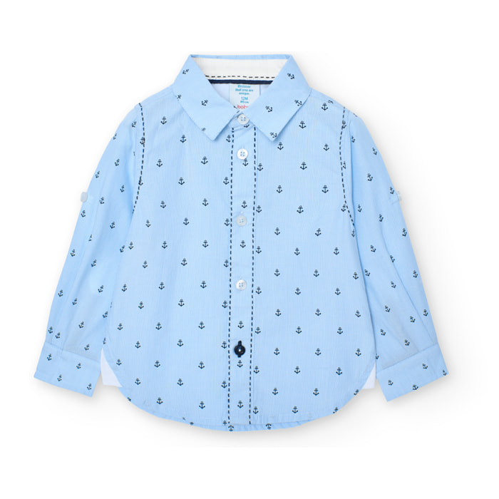 Camisa niño estampada, cuello camisero, mangas largas, azul