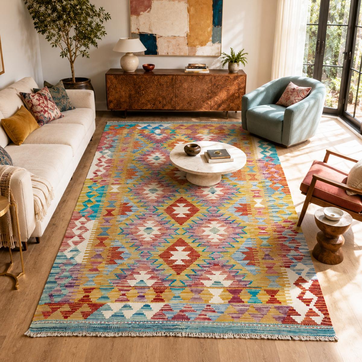 Tapis kilim ethnique authentique, tissé plat en laine, VIGUSIM