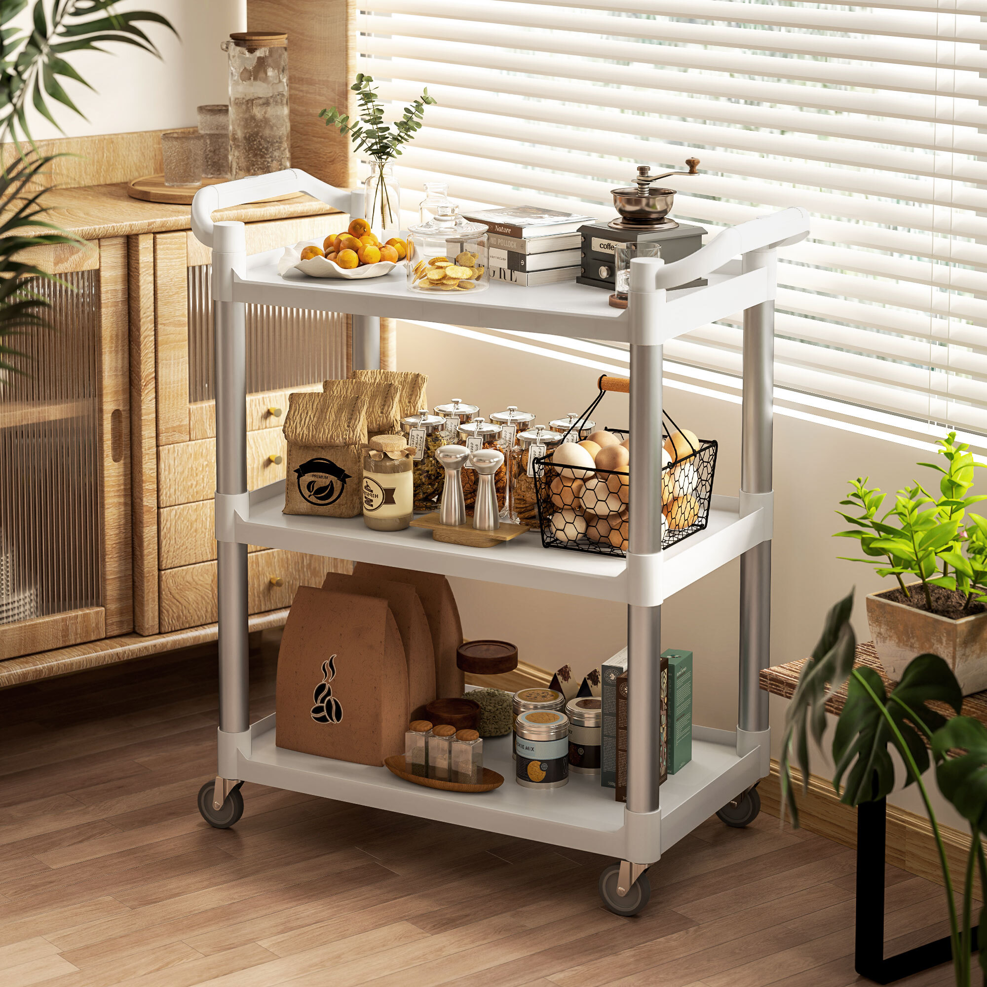 Carrito Auxiliar con Ruedas de Aleación de Aluminio Carrito de Cocina de 3 Niveles Carrito de Almacenamiento Carga 105 kg para Comedor Sala Baño 88x44x93 cm Blanco