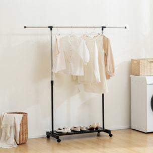 Tendedero Extensible con Ruedas, Tendedero de Ropa con Barra de Acero Inoxidable y Estante para Zapatos, Altura Ajustable, para Interior, Negro y Plata