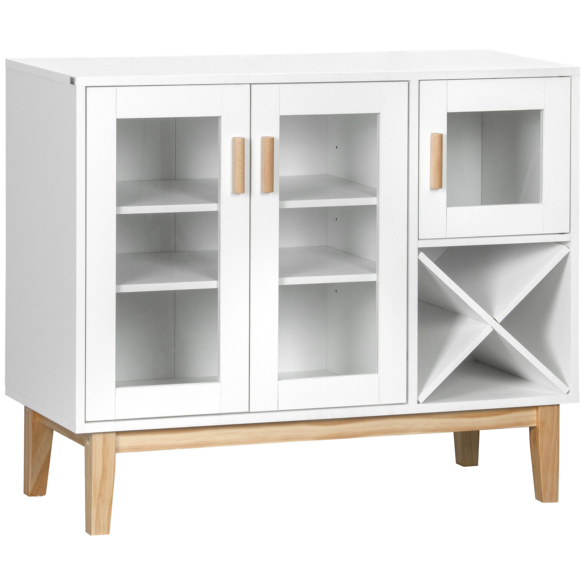 Aparador de Cocina Mueble Buffet Auxiliar con 3 Puertas de Vidrio y Botellero en Forma X para 4 Botellas para Comedor Estilo Moderno Antivuelco 90x37x75 cm Blanco