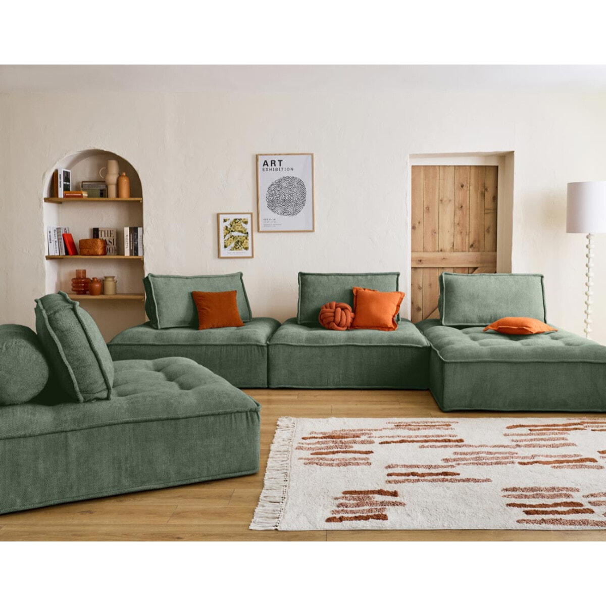 Marisol - canapé panoramique modulable 7 places - velours texturé - Vert