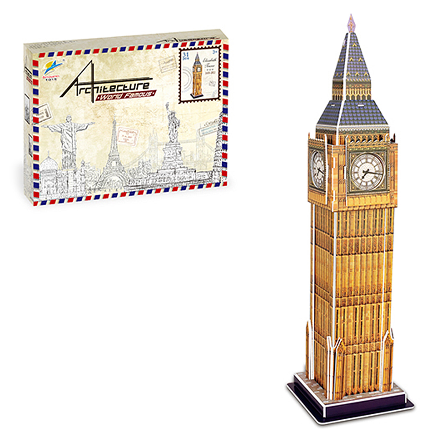 Puzle 3D de cartón del Big Ben en Londres. 31 piezas.