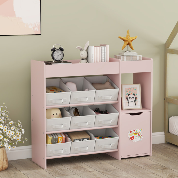 Etagère de rangement enfant pour jouets livres - 9 boîtes amovibles non-tissé - porte, niche, 2 compartiments - blanc rose