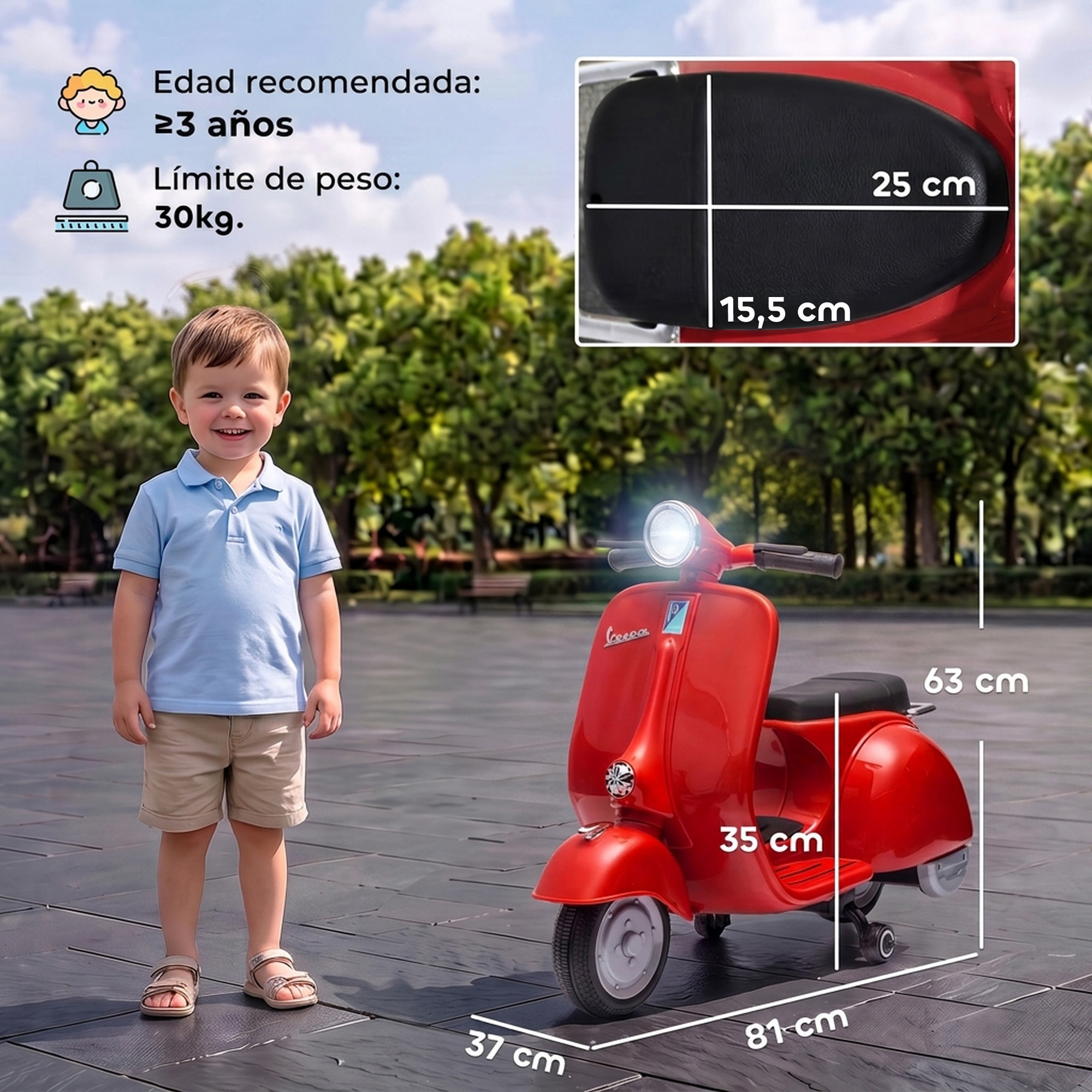 Moto Eléctrica para Niños Licencia VESPA 6V, Moto Eléctrica Infantil con Arranque Suave, Ruedines Desmontables, Luz Delantera, Música, Bocina, USB, Avance, Atrás, para Niños de +3 Años, Rojo