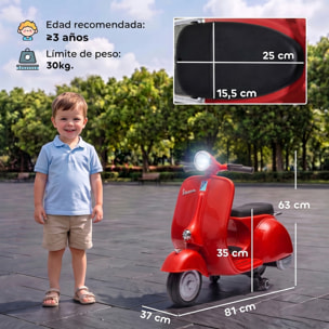 Moto Eléctrica para Niños Licencia VESPA 6V, Moto Eléctrica Infantil con Arranque Suave, Ruedines Desmontables, Luz Delantera, Música, Bocina, USB, Avance, Atrás, para Niños de +3 Años, Rojo