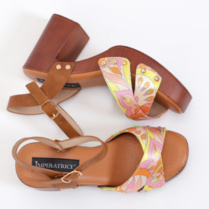 Sandali con tacco comodo e fasce in tessuto multicolore