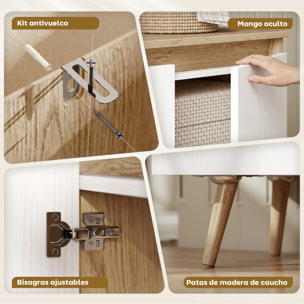 Aparador de 3 Puertas, Aparador de Salón con Estantes Ajustables, Patas de Madera, para Cocina, Entrada, Dormitorio, Roble y Blanco, 107x35x76,5 cm