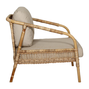 Fauteuil en tissu beige avec structure en rotin tressé  MANAO