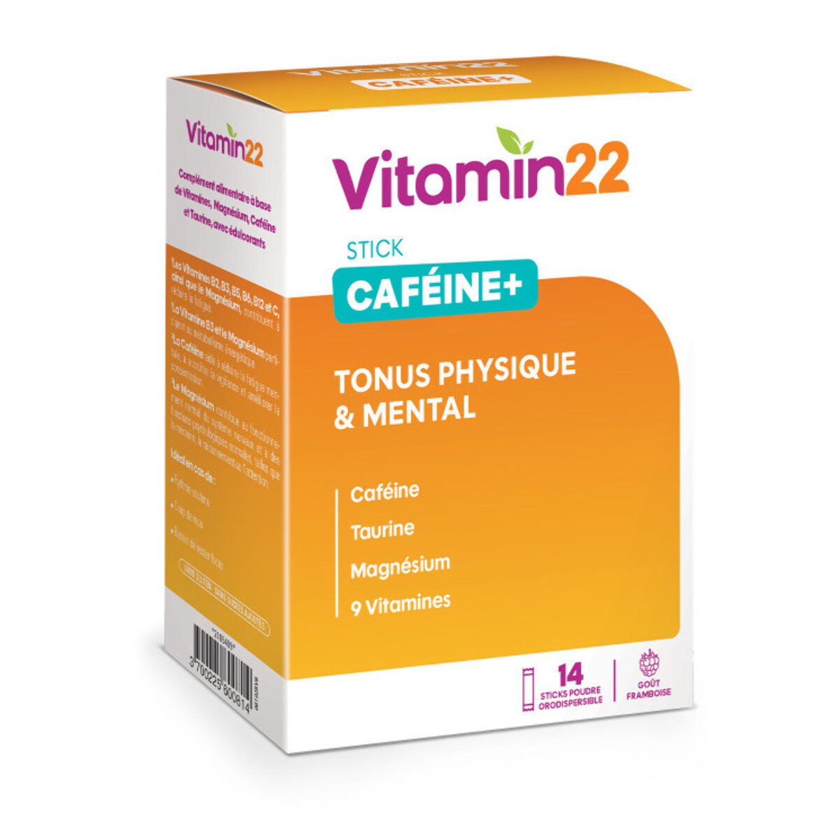 VITAMIN'22 - Caféine+ - Énergie et vitalité quotidienne - Améliore la concentration - 9 Vitamines, Magnésium, Caféine et Taurine - Sans Gluten - Cure de 7 à 14 Jours - 14 Sticks