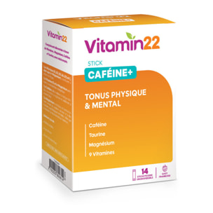 VITAMIN'22 - Caféine+ - Énergie et vitalité quotidienne - Améliore la concentration - 9 Vitamines, Magnésium, Caféine et Taurine - Sans Gluten - Cure de 7 à 14 Jours - 14 Sticks