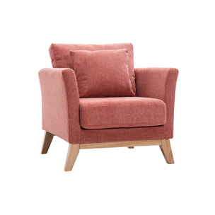 Fauteuil scandinave déhoussable en tissu effet velours texturé terracotta et bois clair OSLO