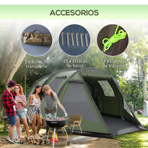 Tienda de Campaña de Túnel Tienda Camping para 3-4 Personas Impermeable PU2000 mm Protección UV30+ con Ventanas y Bolsa de Transporte para Senderismo 475x264x172 cm Verde