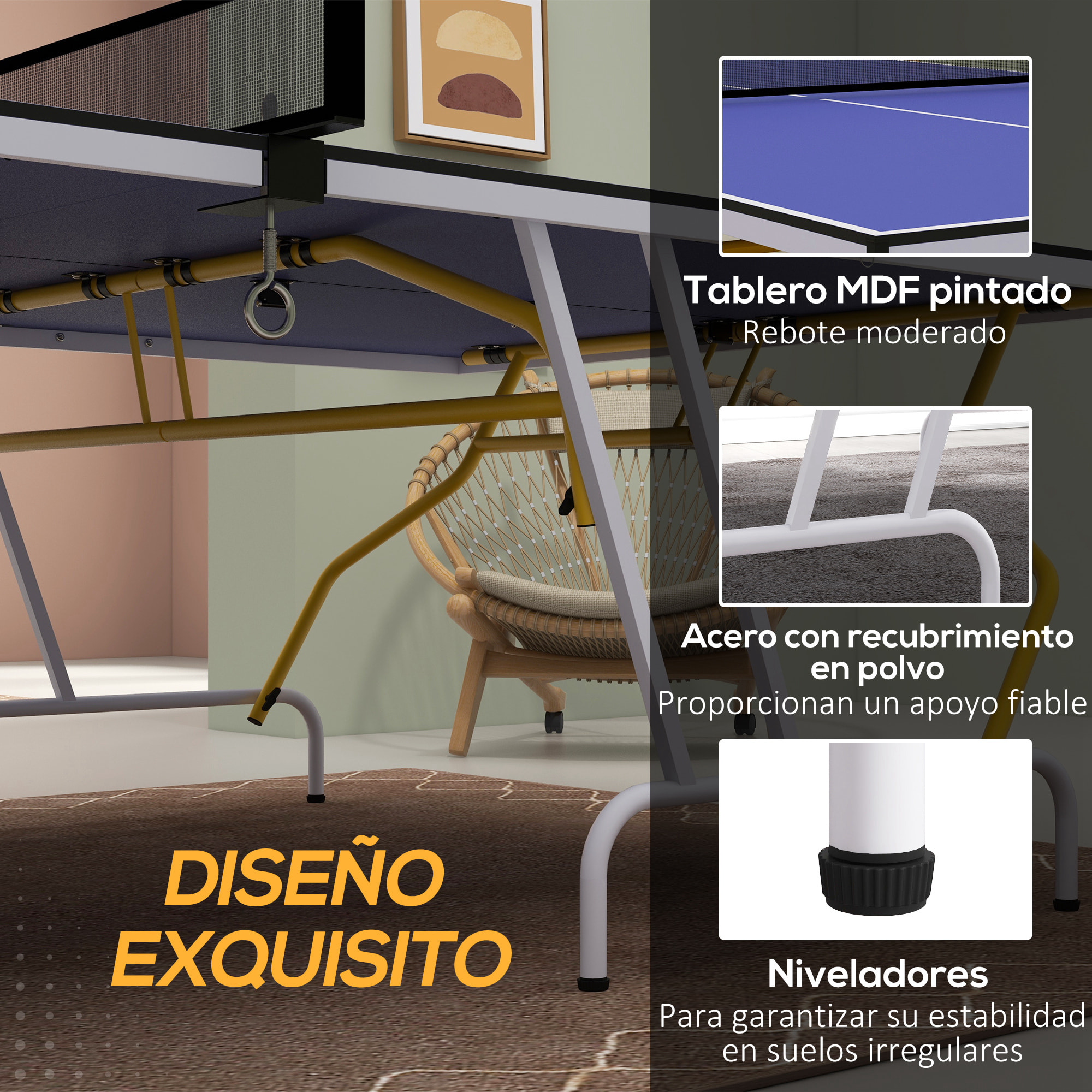 Mesa de Ping-Pong Plegable Mesa de Tenis de Mesa Diseño Compacto con Red Reposapiés Ajustables y Marco de Acero para Interior y Exterior 274x152,5x76 cm Azul