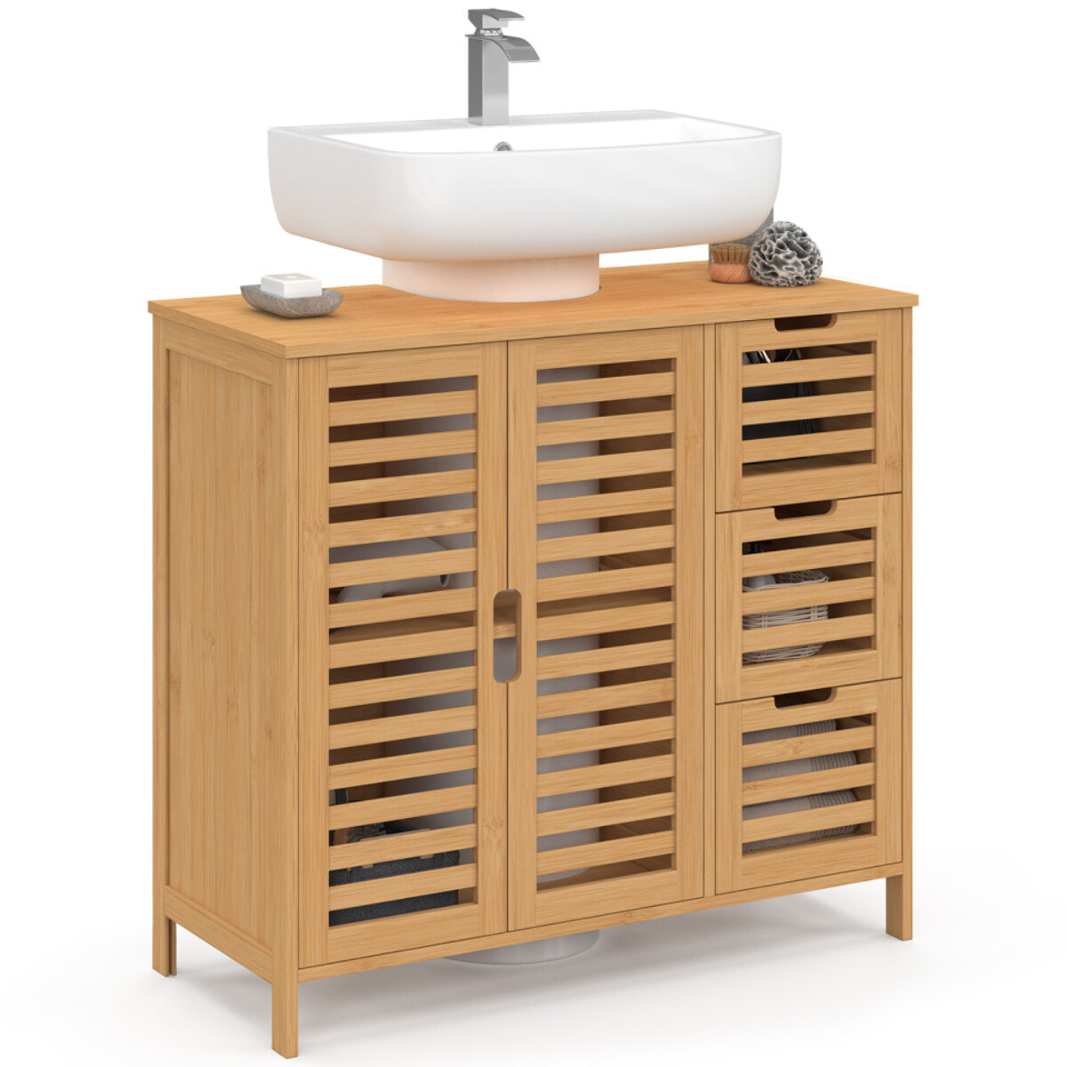 Meuble sous vasque Maya bambou placards et tiroirs