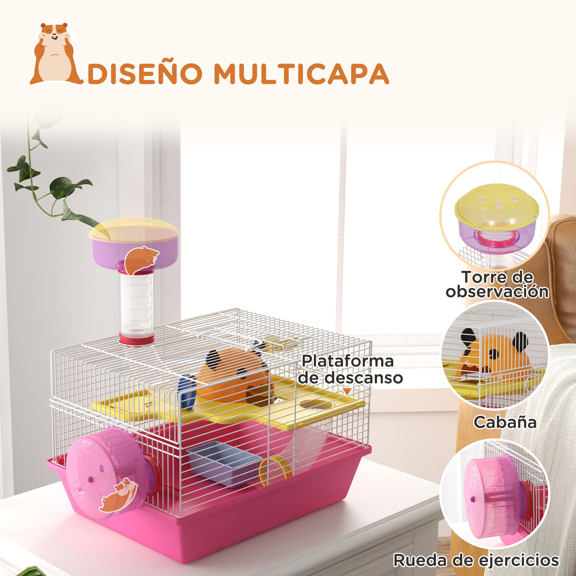 Jaula para Hámster Casa para Animales Pequeños con Cuenco Bebedero Rueda de Ejercicio Torre de Observación y Casita 34x27x25 cm Rosa