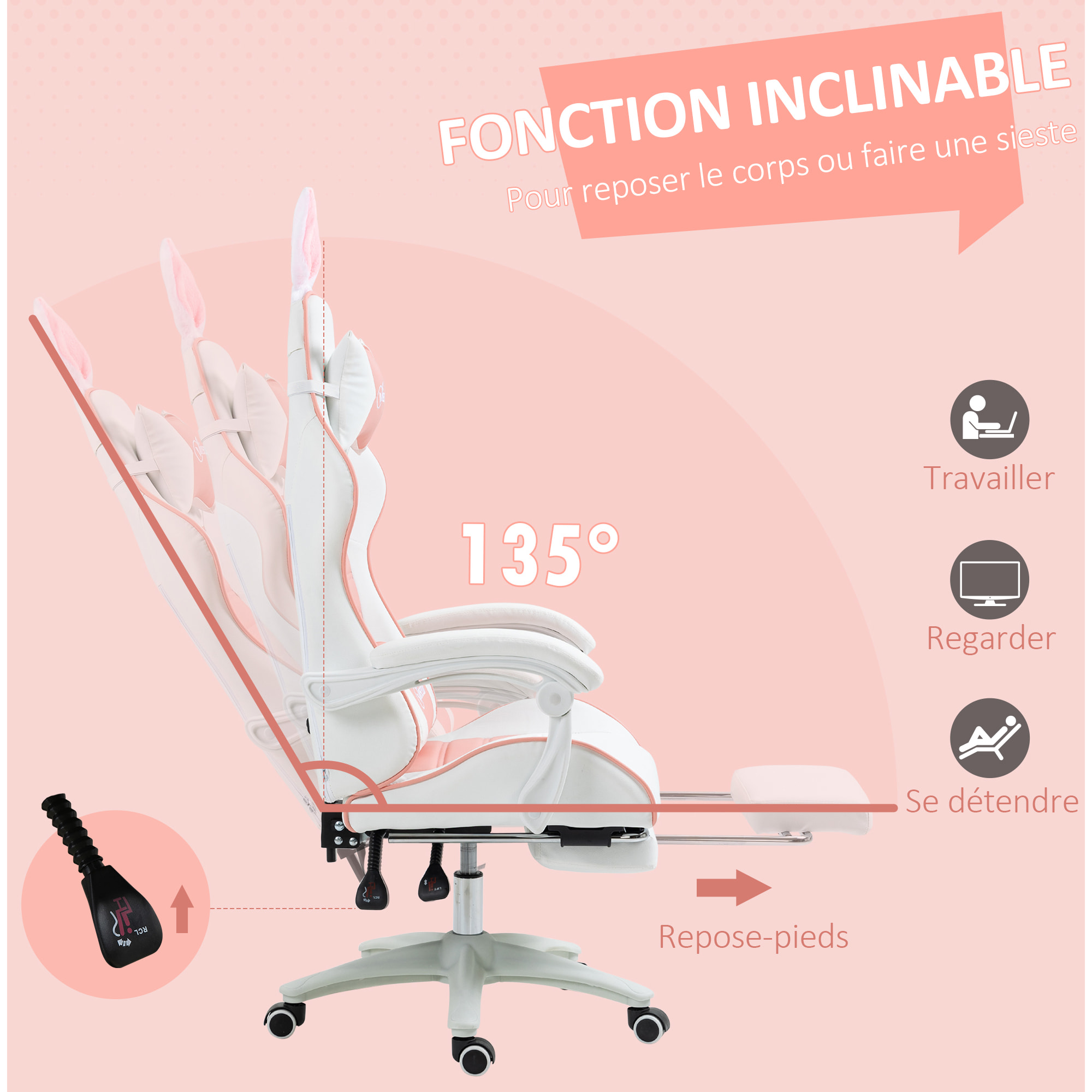 Chaise gaming fauteuil gamer inclinable réglable repose-pied rétractable oreilles de lapin amovibles rose blanc