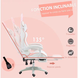 Chaise gaming fauteuil gamer inclinable réglable repose-pied rétractable oreilles de lapin amovibles rose blanc