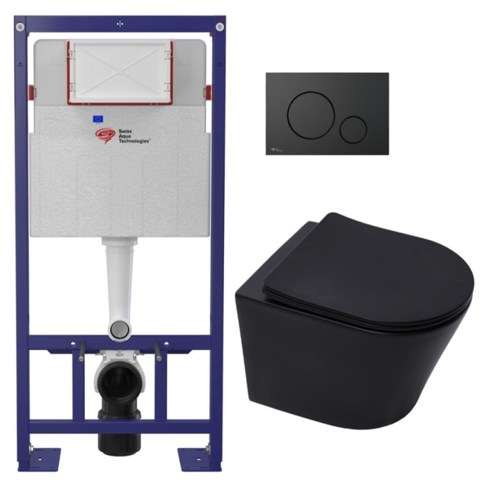 Pack WC bâti-autoportant + WC sans bride SAT Infinitio + Abattant SoftClose + Plaque noir mat (SMART-BlackInfinitio-M678)