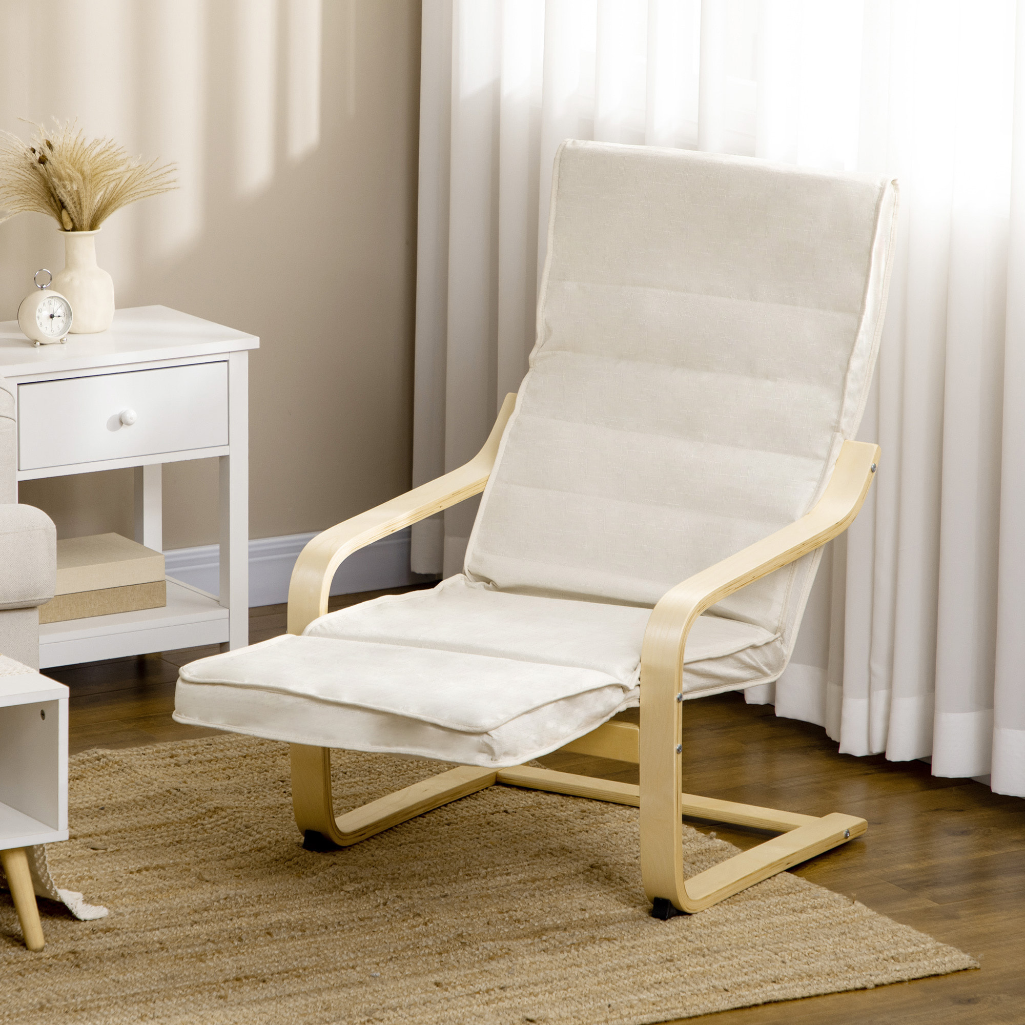 Fauteuil style nordique - repose-pied réglable - déhoussable - bois de bouleau tissu crème