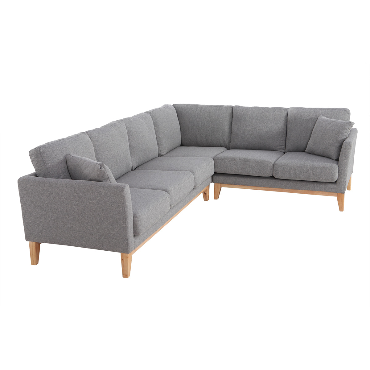 Canapé d'angle déhoussable scandinave 5-6 places en tissu gris clair et bois clair OSLO