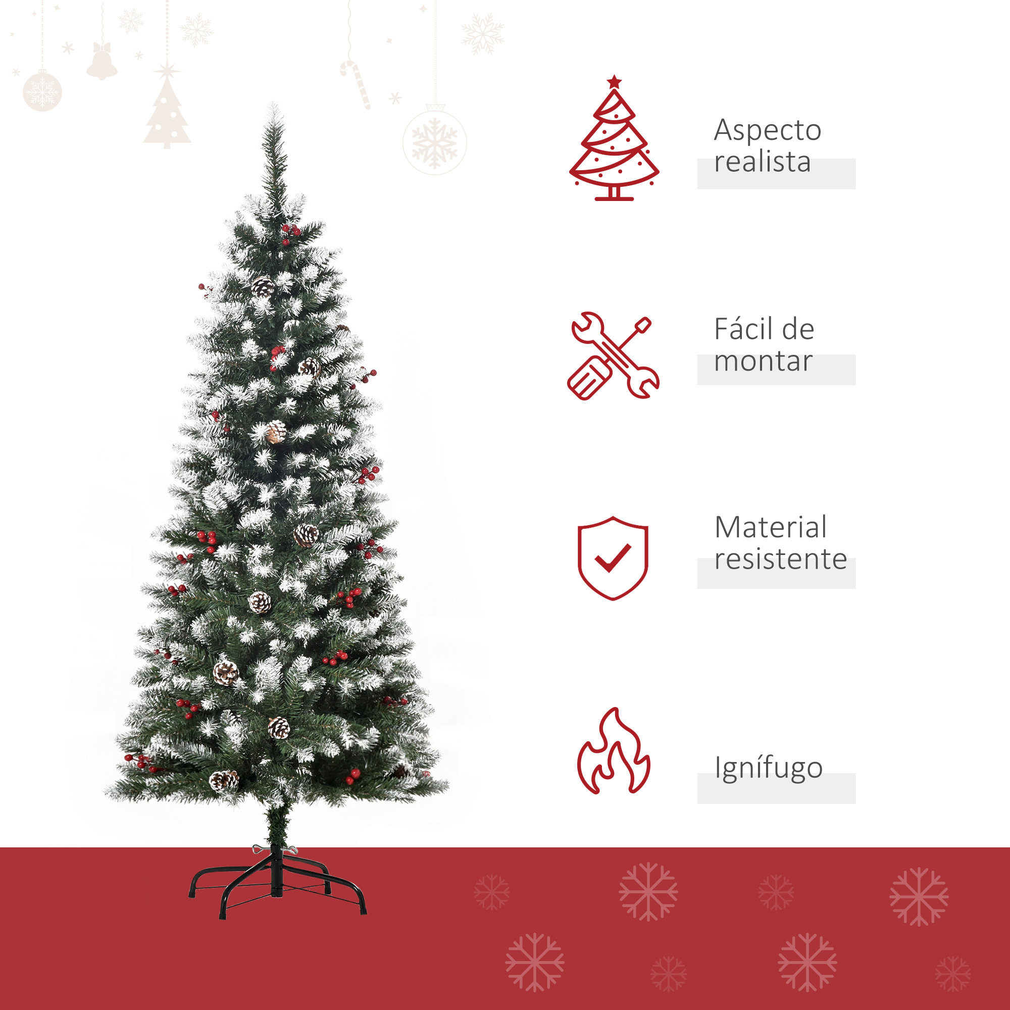 HOMCOM árbol de Navidad Artificial Plegable 150 cm con Nieve Ignífugo con 408 Ramas 28 Bayas 24 Piñas Hojas de PVC Apertura Automática y Soporte Metálico Decoración Navideña para Interior Verde