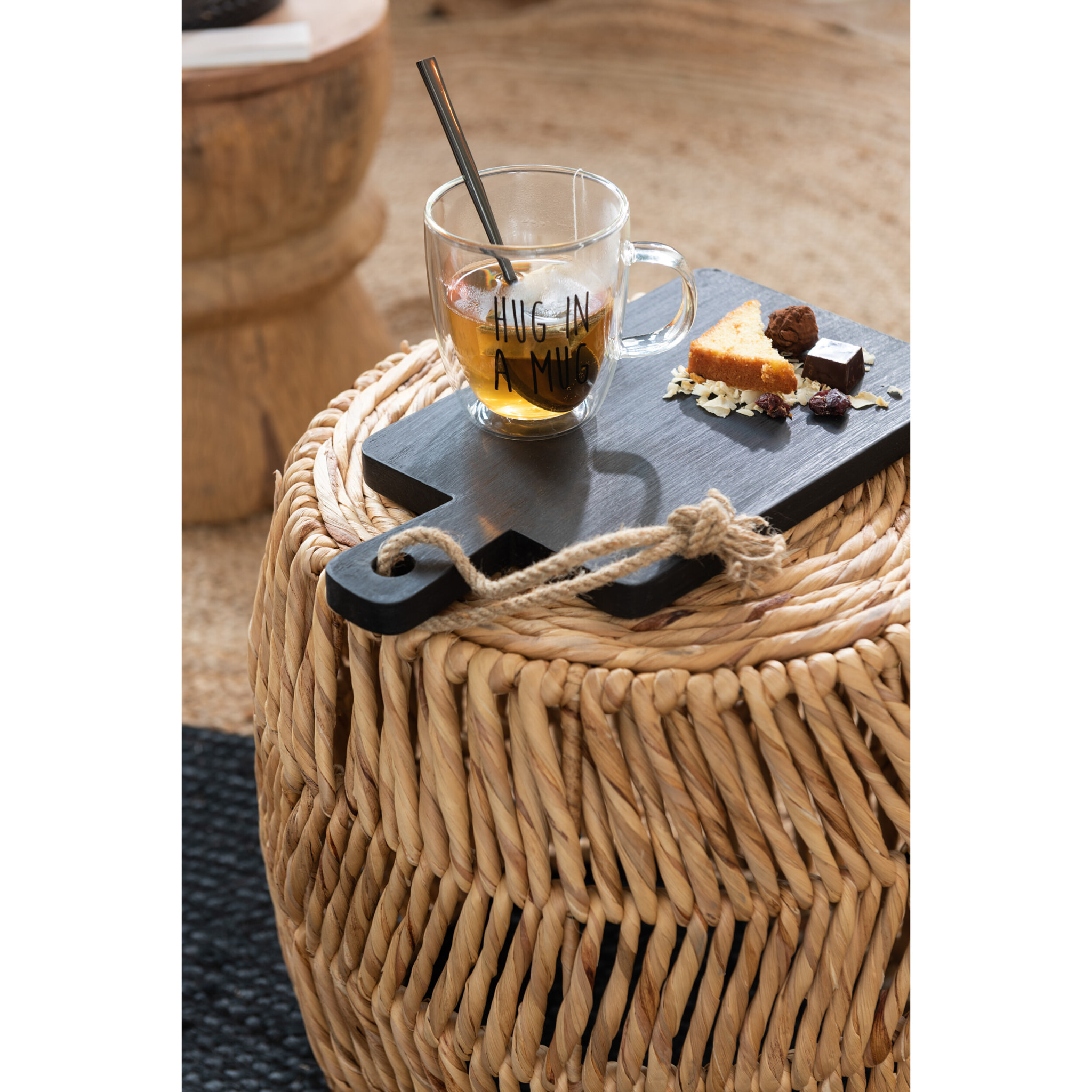 J-Line tasse + sous-tasse Texte - verre/bois - transparentnoir - 2 pièces