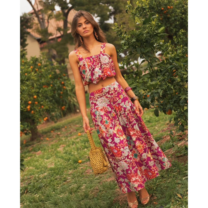 Falda midi con canesú y fruncidos