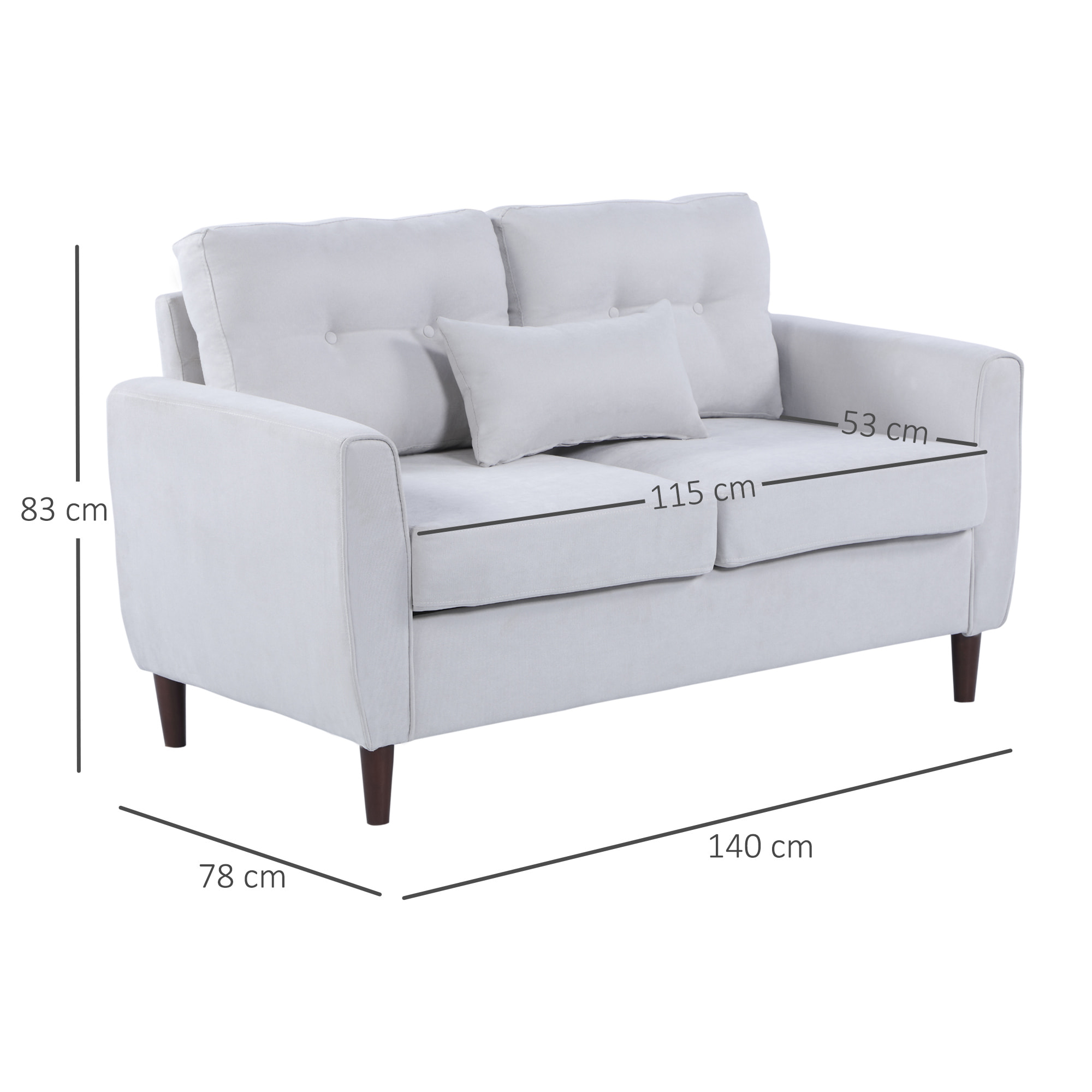 Canapé 2 places grand confort dim. 140L x 78l x 83H cm coussin déco. inclus pieds bois massif eucalyptus tissu lin gris clair