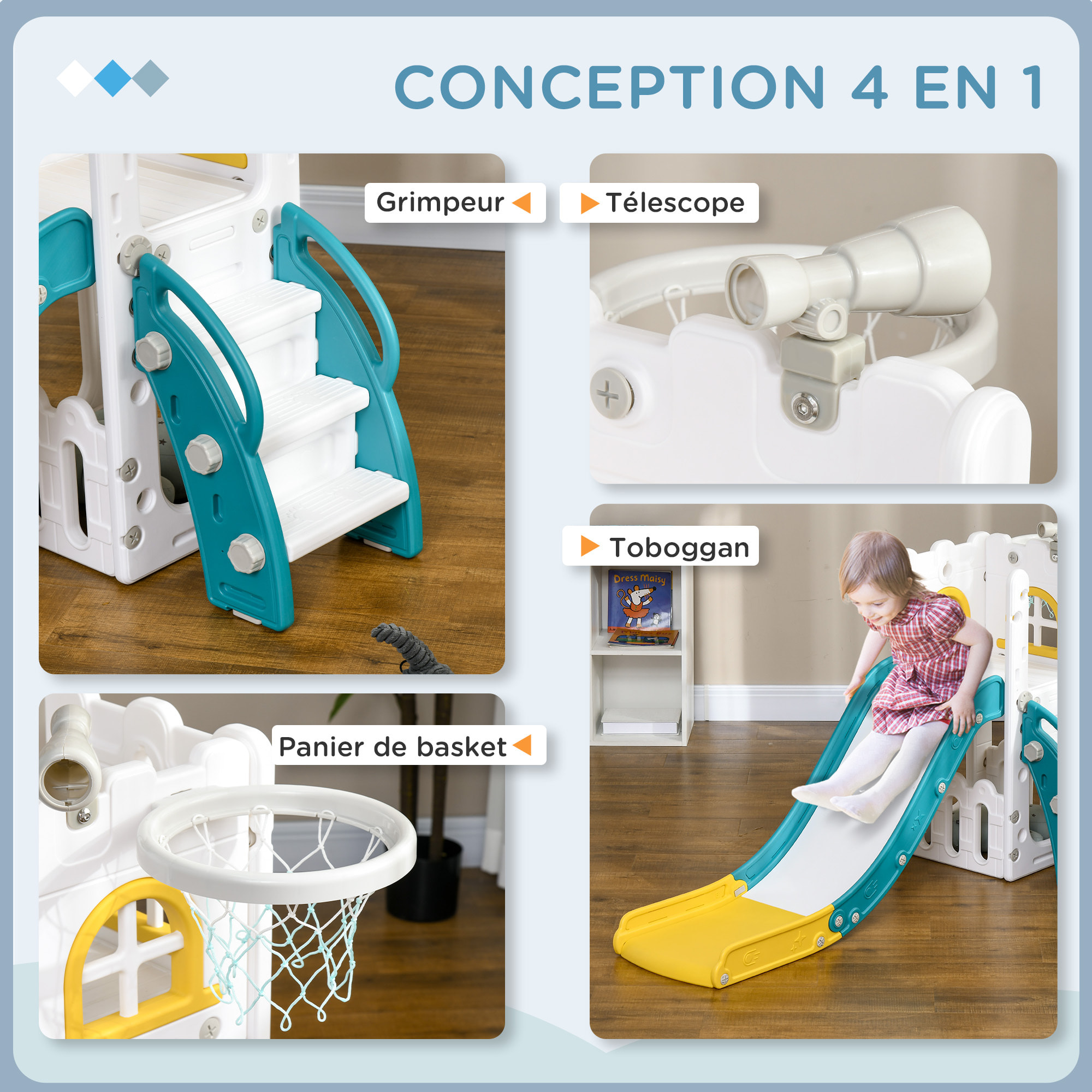 Toboggan pour enfant multifonction - télescope, panier basketball, espace rangement - HDPE blanc vert turquoise