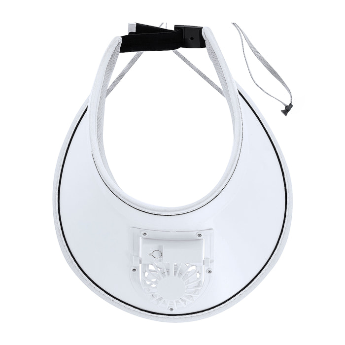 Visera con ventilador orientable de 3 velocidades y protección solar UPF50+. Incorpora batería recargable de 150 mAh, ajuste acolchado y elástico.