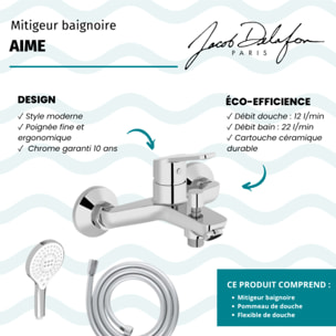 Mitigeur baignoire Aimé + pommeau de douche Metro signature + flexible de douche lisse