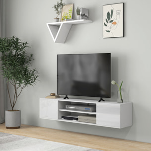 Meuble TV mural - banc TV flottant - 2 portes, 2 niches - dim. 140L x 30l x 30H cm - panneaux blanc laqué