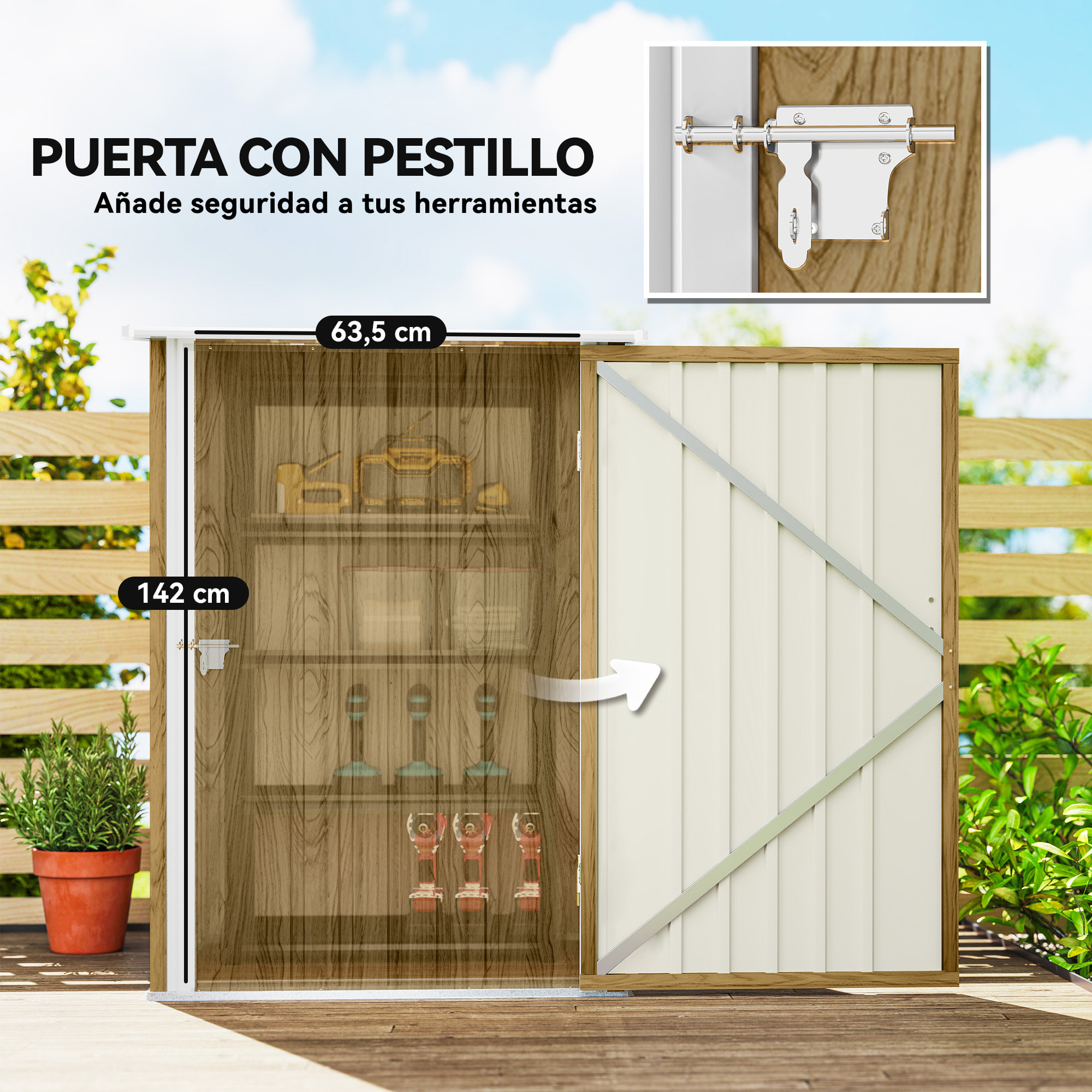 Cobertizo de Jardín Exterior, 0,92 m², 100x103x160 cm, Caseta de Jardín Exterior Metálica con 1 Puerta y Cerradura, para Almacenamiento de Herramientas, para Patio, Terraza, Marrón Claro