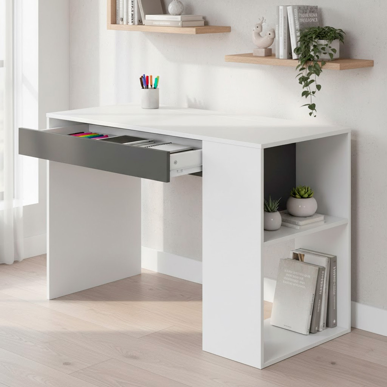 Scrivania Da Lavoro Per Computer Desk Con Cassetto Reversibile Design Moderno Ufficio Home Office Casa 73 x 101 x 50 Cm Bianco e Grigio Antracite