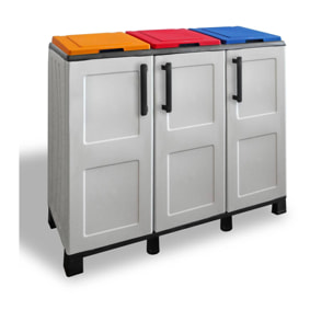 Armadio portarifiuti da esterno o interno, Mobile porta 3 sacchi a 3 ante, 100% Made in Italy, cm 102x37h90, colore Grigio chiaro e coperchi colorati