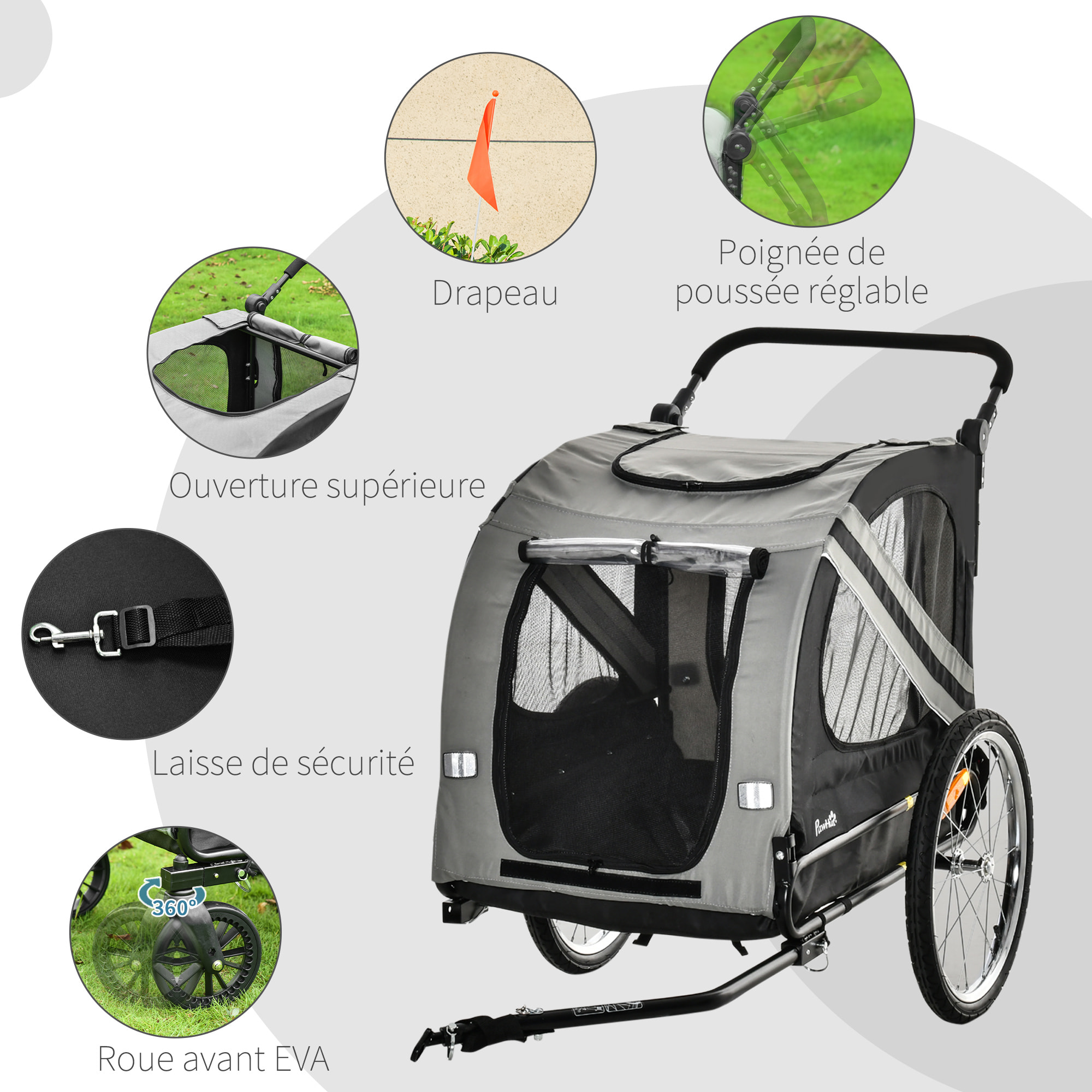 Remorque vélo jogger 2 en 1 pour animaux drapeau roue avant pivotante réflecteurs gris noir