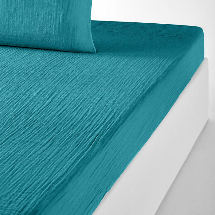 Drap housse - bonnet:30cm 100% gaze de coton bleu enamel