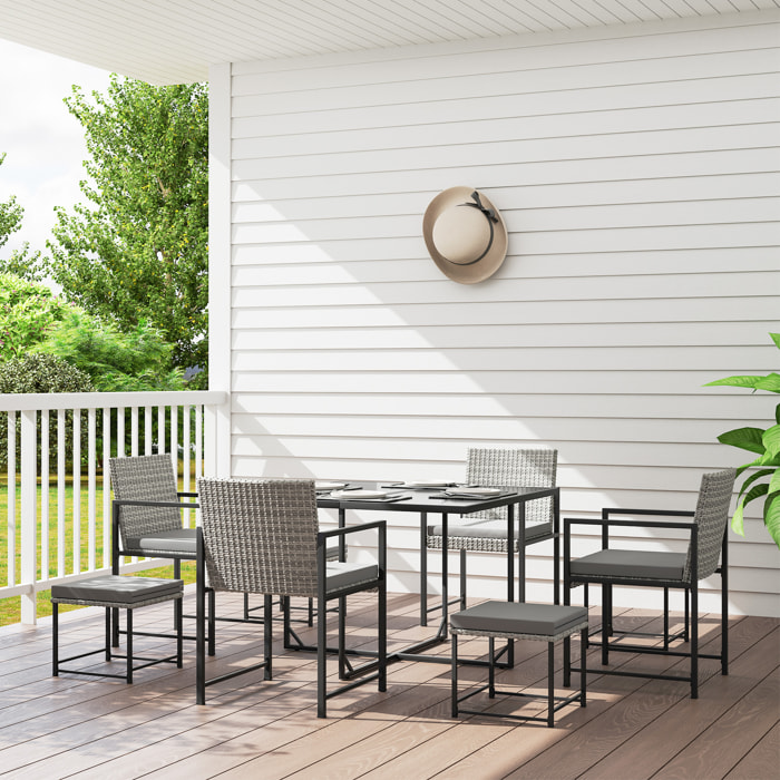 Conjunto de Muebles de Jardín Exterior de Ratán de 9 Piezas Conjunto de Jardin Exterior de Ratán Sintético con Mesa con Vidrio Templado 4 Sillas 4 Taburetes Impermeables Cojines Gris
