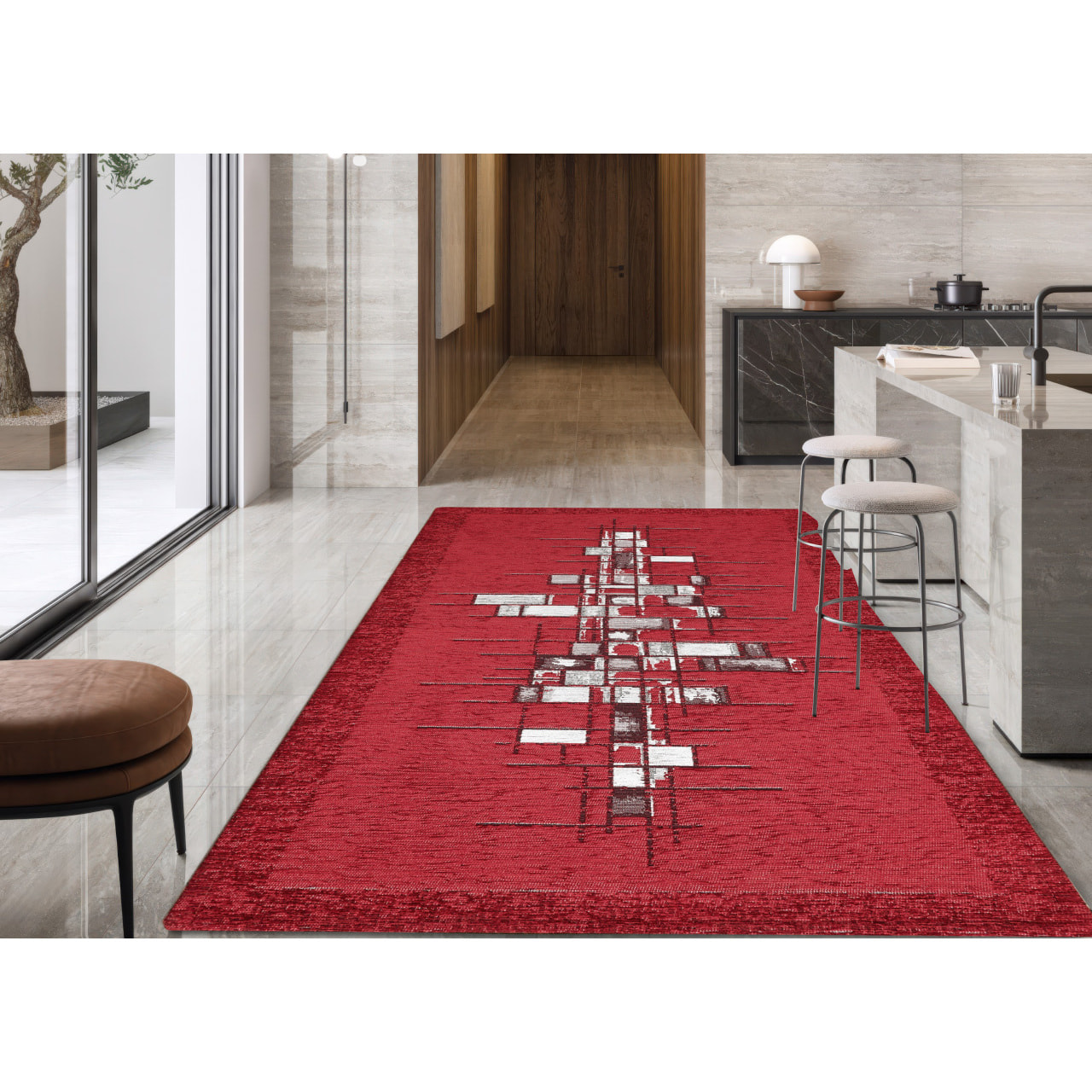 Tappeto Jacquard Ideale Cucina Ingresso Made In Italy Antiscivolo, Lavabile, Morbido Disegno Pixel Rosso By Suardi