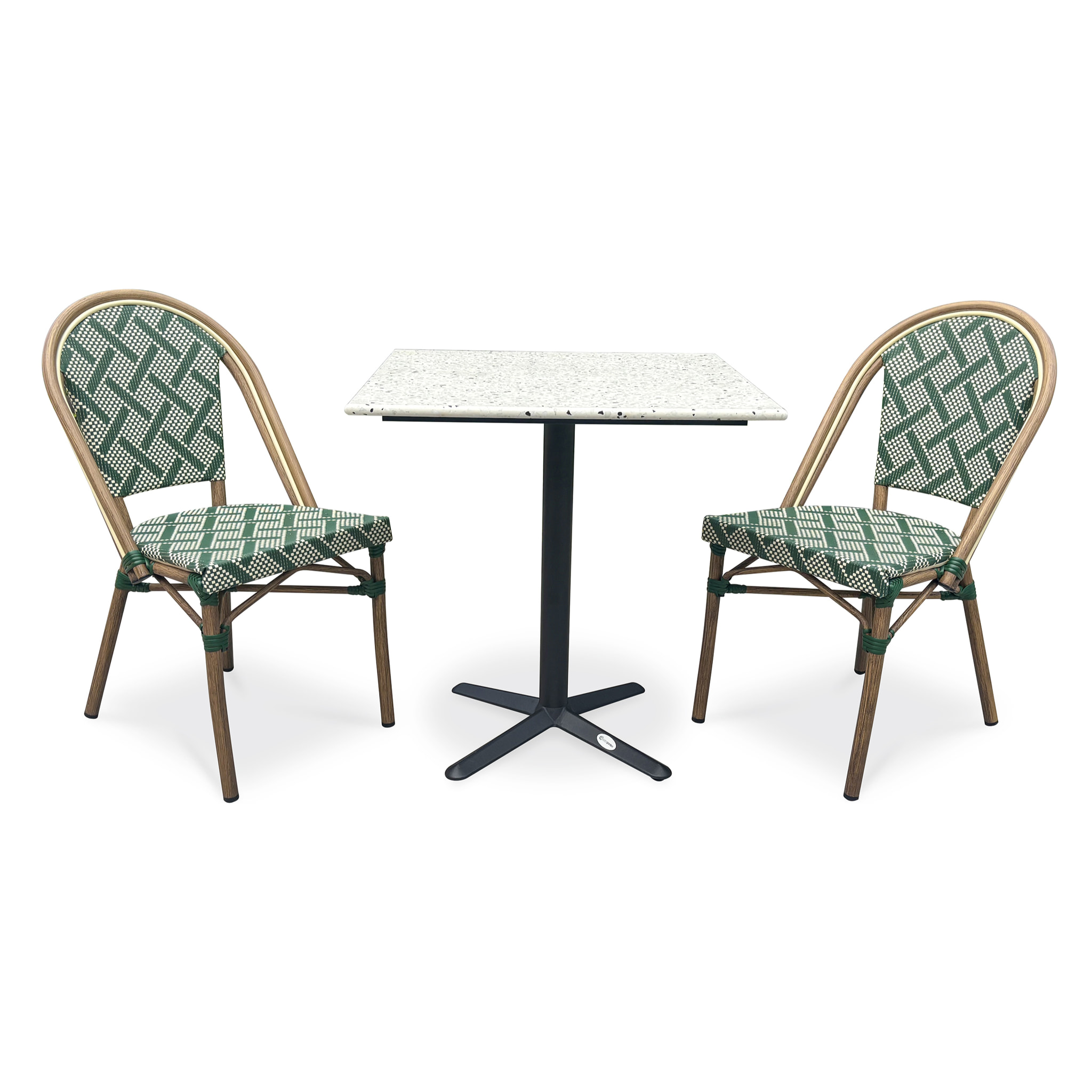 BISTRO - Ensemble repas de jardin 2 places en acier et plateau terrazzo - vert