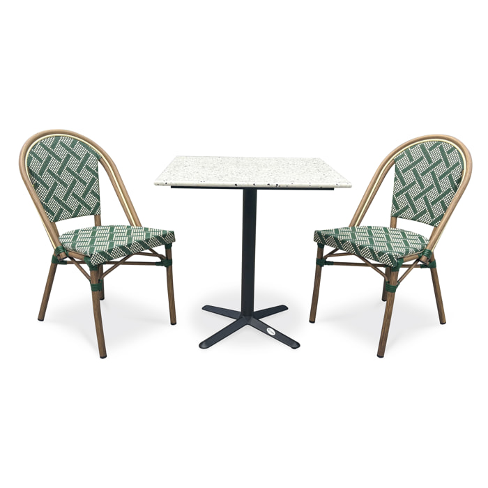 BISTRO - Ensemble repas de jardin 2 places en acier et plateau terrazzo - vert