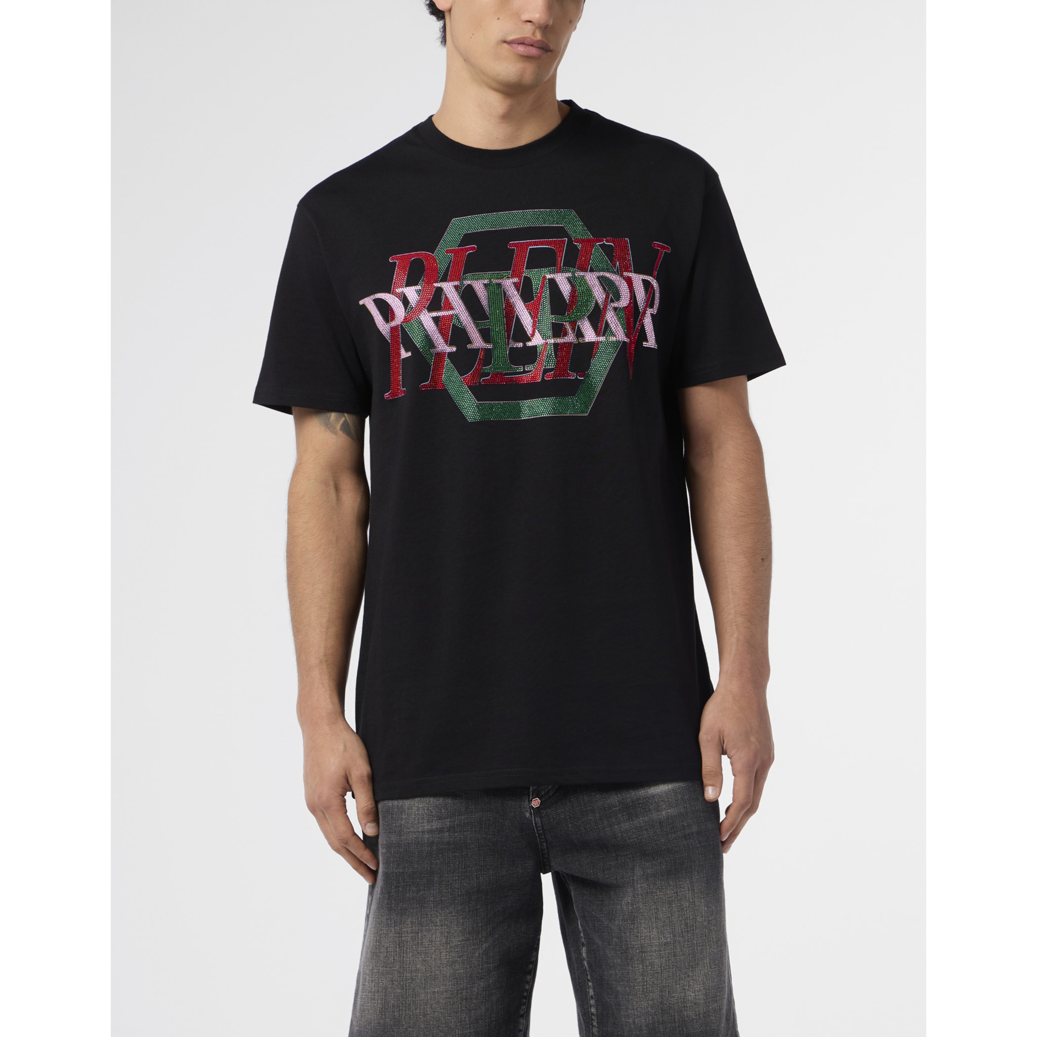 PHILIPP PLEIN Round Neck T-Shirt Logo Hexagon Stones