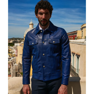 Giacca pelle naturale bluette con bottoni e collo camicia