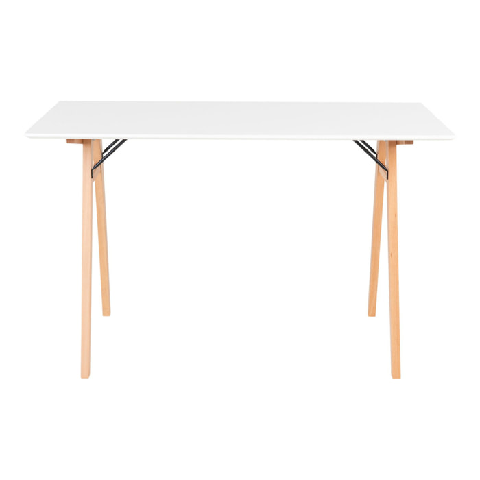 Scrivania Vojens bianca con gambe in legno naturale, 120×60×75 cm